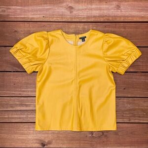 Like New Ann Taylor Vegan Leather Gold Puff Sleeve Top Petite XS